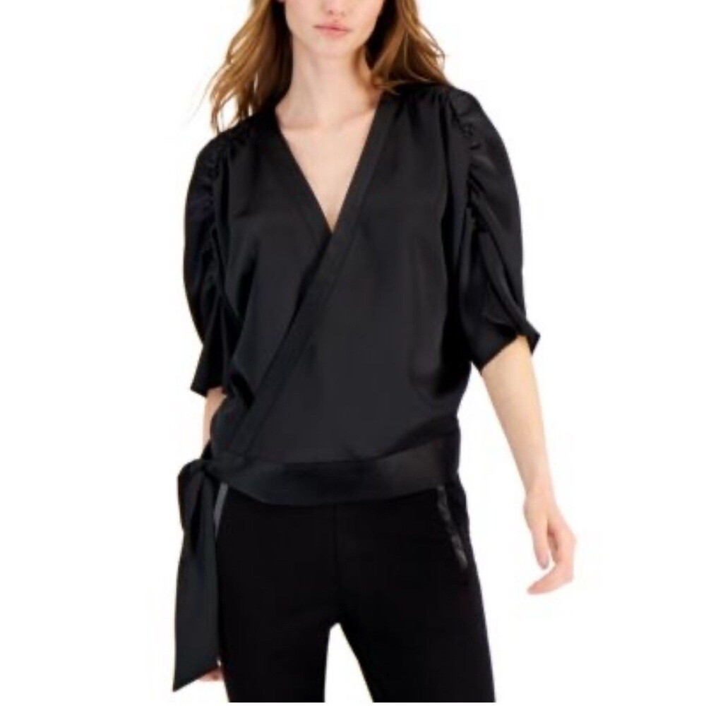 INC International Concepts Women's Black Satin Wrap Top‎ (Size M)